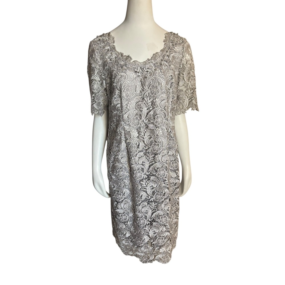 Elegant Silver Lace Sheath Dress Knee Length Short‎ Sleeve Special Occasion S 12